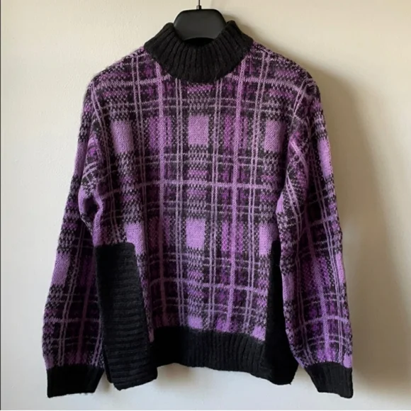 Nine West Purple Plaid Mock Neck Fuzzy Sweater - Picture 2 of 5